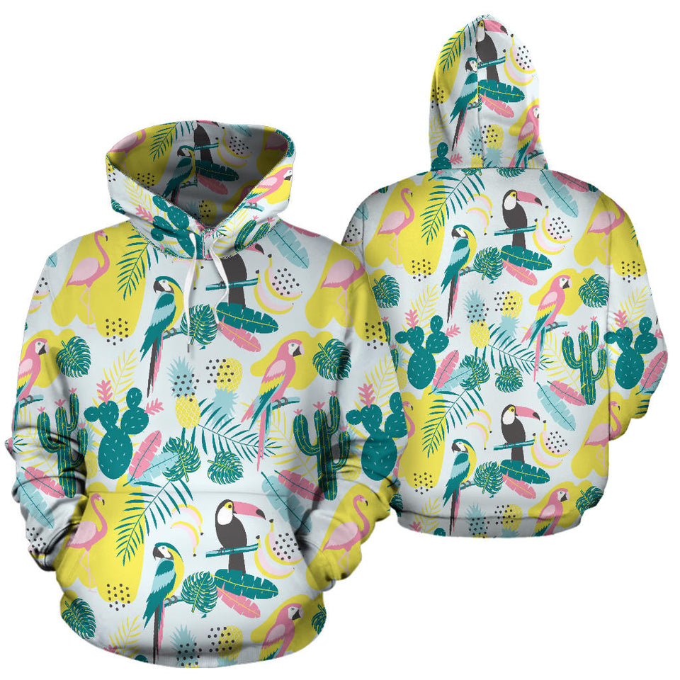 Cute Parrot Toucan Flamingo Cactus Exotic Leaves Pattern Men Women Pullover Hoodie
