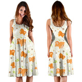 Cute Brown Pomeranian Paw Leave Bone Pattern Sleeveless Midi Dress