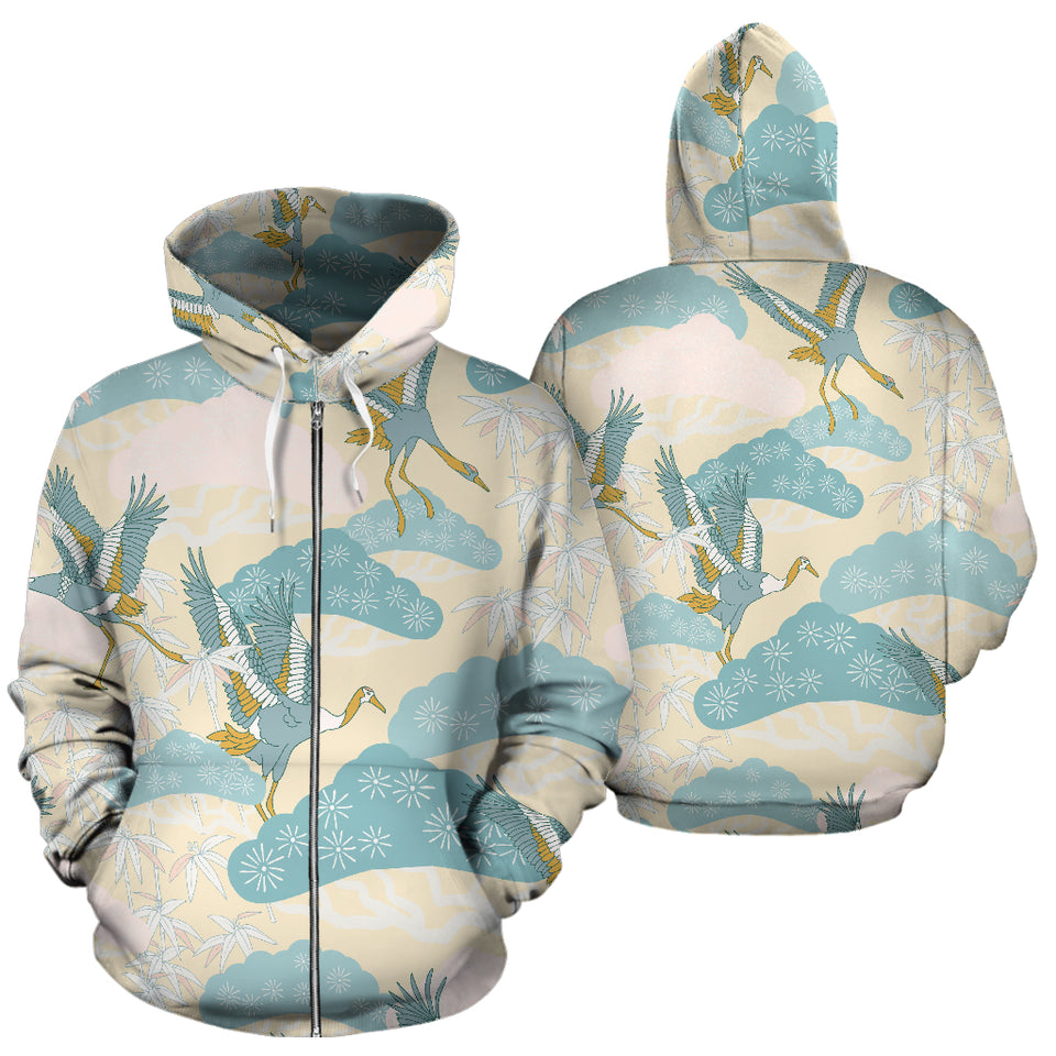 Bonsai Bamboo Stork Japanese Pattern Cream Theme Zip Up Hoodie