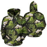 White Orchid Flower Tropical Leaves Pattern Blackground Zip Up Hoodie