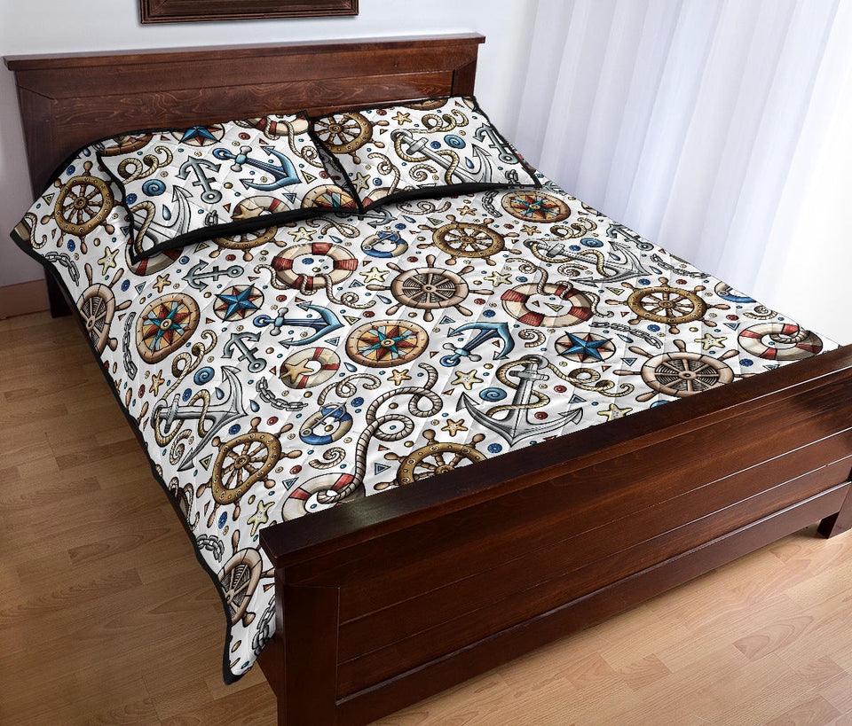 Cute nautical steering wheel anchor pattern Quilt Bed Set
