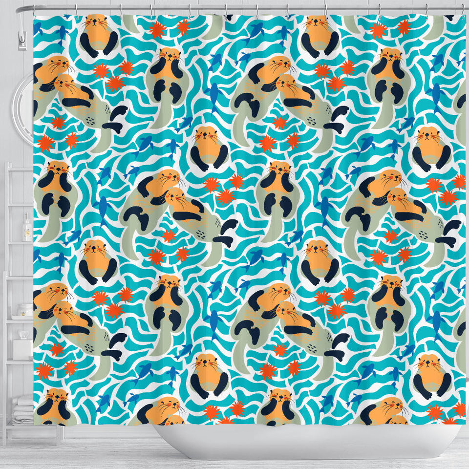Cute Sea Otters Fishe Sea Urchin Pattern Shower Curtain Fulfilled In US
