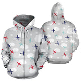 Airplane Cloud Grey Background Zip Up Hoodie
