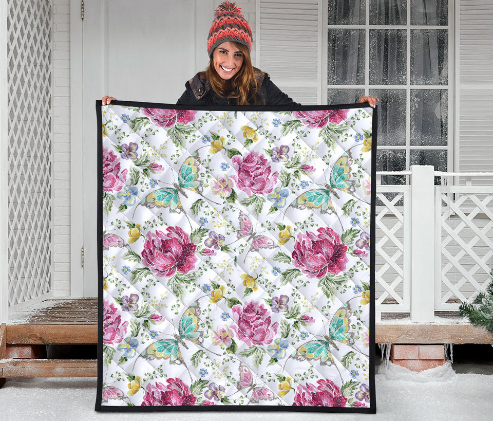 Hand Drawn Butterfly Rose Premium Quilt