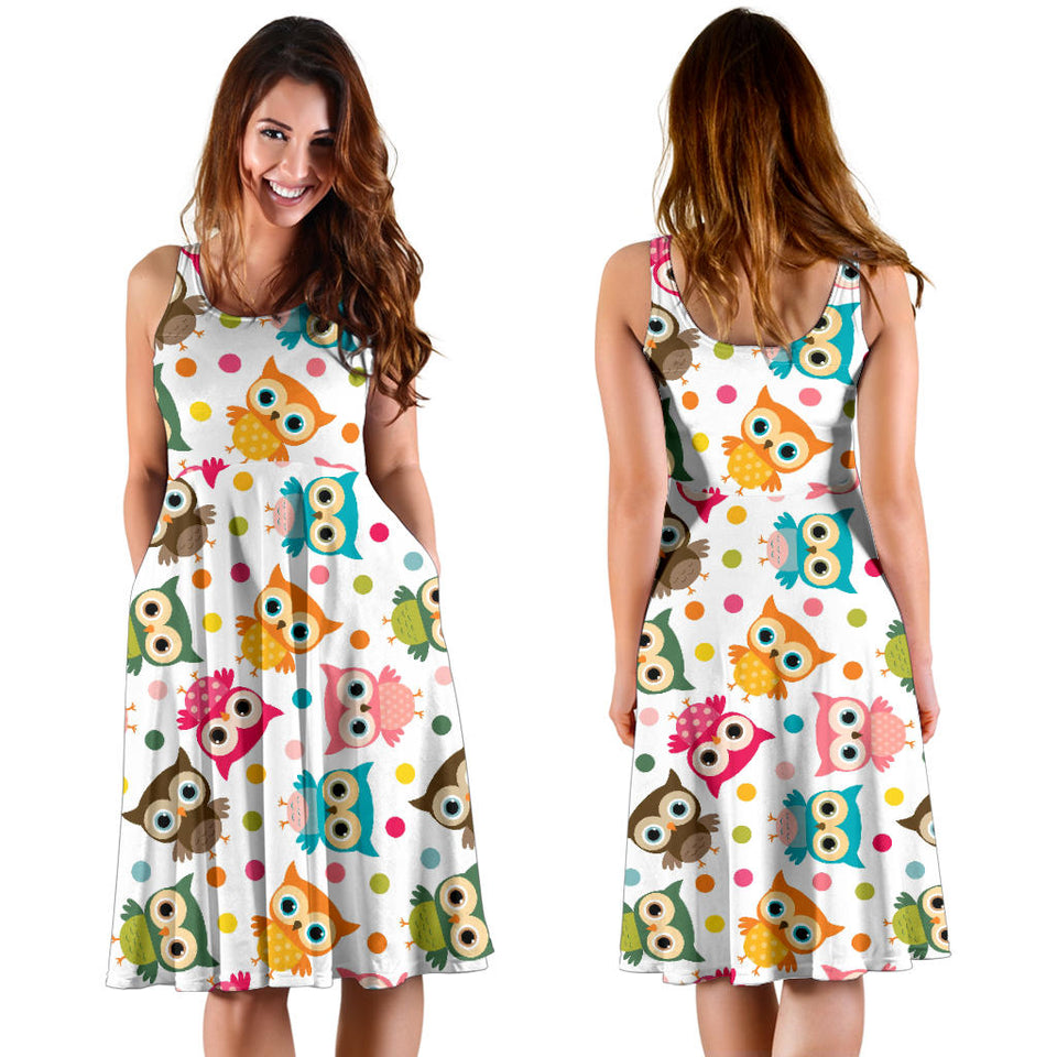 Color Cute Owl Pattern Sleeveless Midi Dress