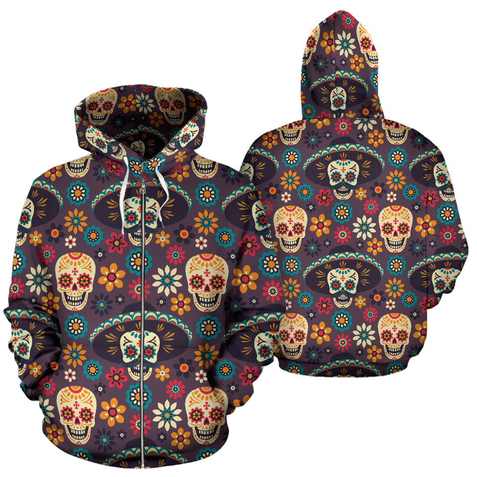 Sugar Skulls Flower Maxican Pattern Zip Up Hoodie