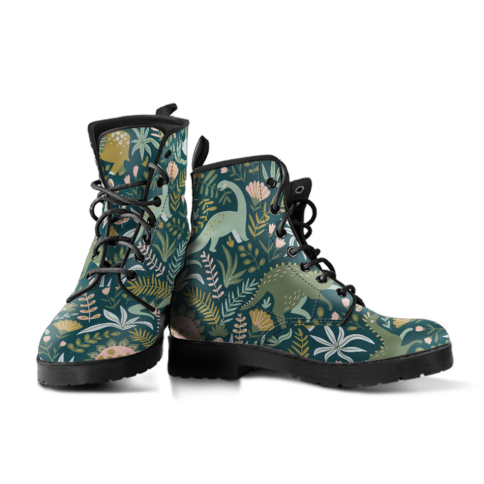Dinosaurs Tropical Leaves Flower Pattern Leather Boots