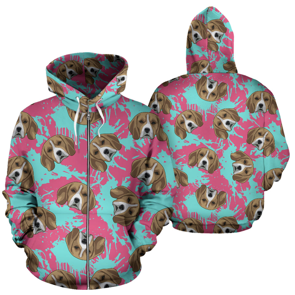 Beagle Muzzles Turquoise Paint Splashes Pink Pattern Zip Up Hoodie