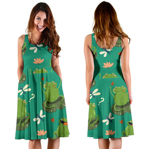 Cute Frog Dragonfly Design Pattern Sleeveless Midi Dress