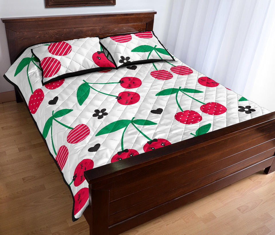 cherry pattern white background Quilt Bed Set
