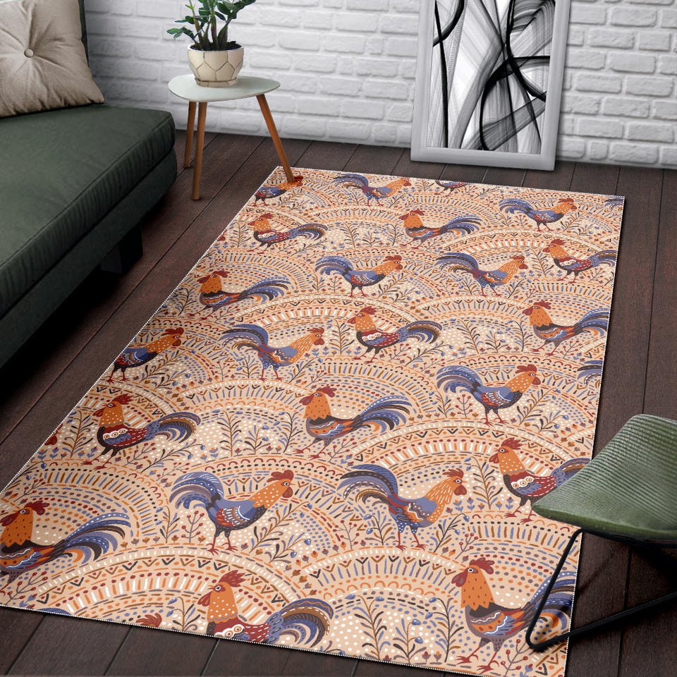 Cute Rooster Chicken Cock Floral Ornament Background Area Rug