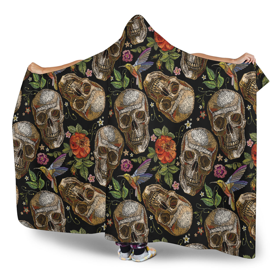 Skull Rose Humming Bird Flower Pattern Hooded Blanket