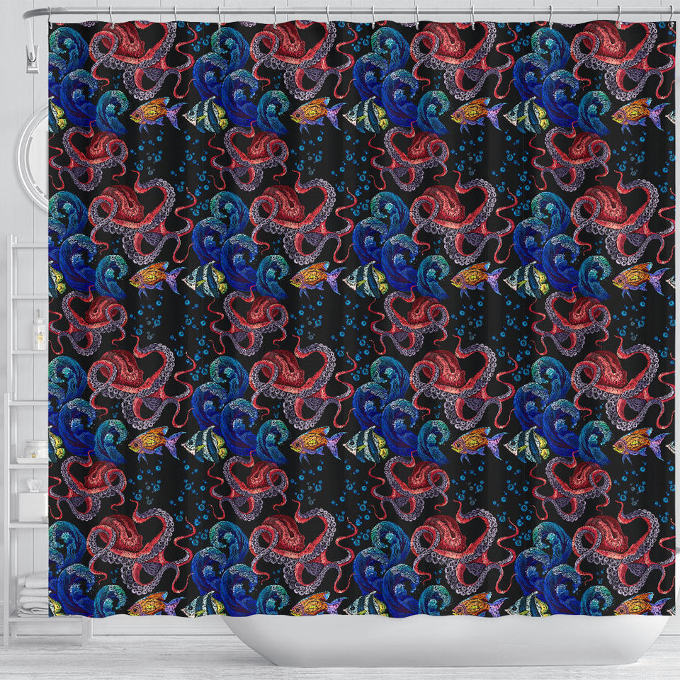 Octopus Sea Wave Tropical Fishe Pattern Shower Curtain Fulfilled In US