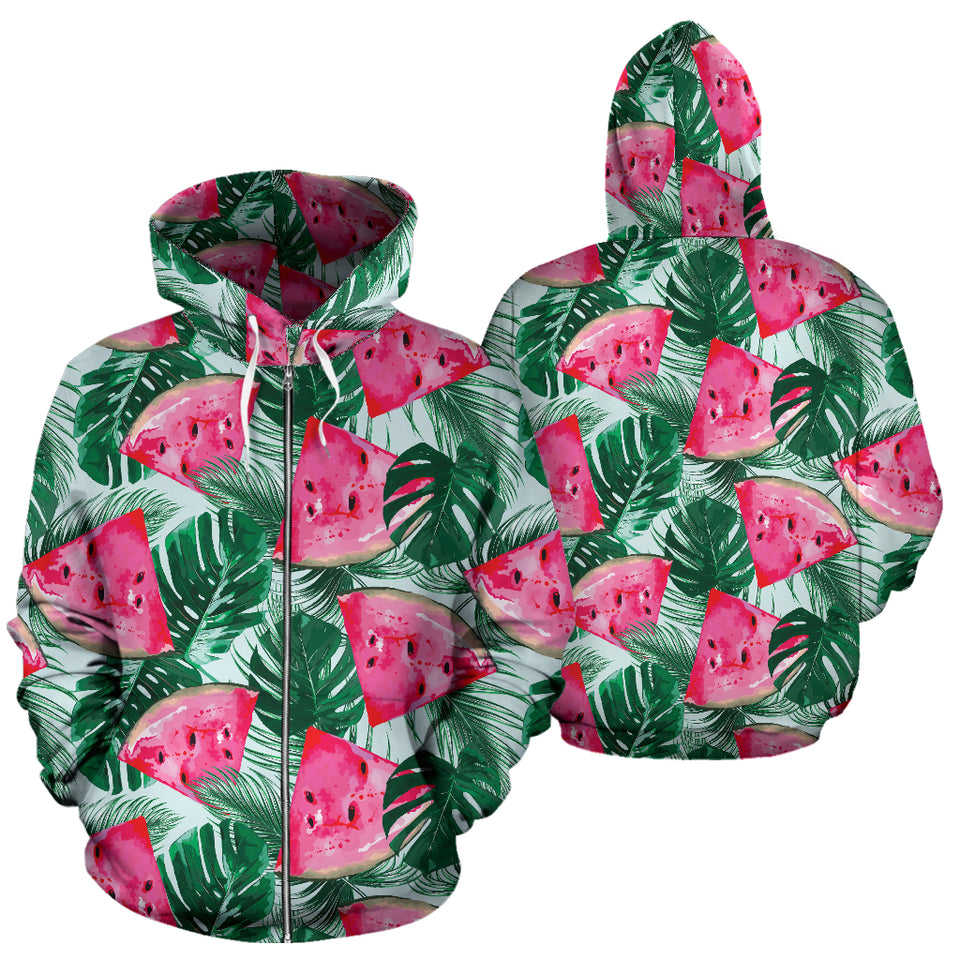Watermelons Tropical Palm Leaves Pattern Zip Up Hoodie