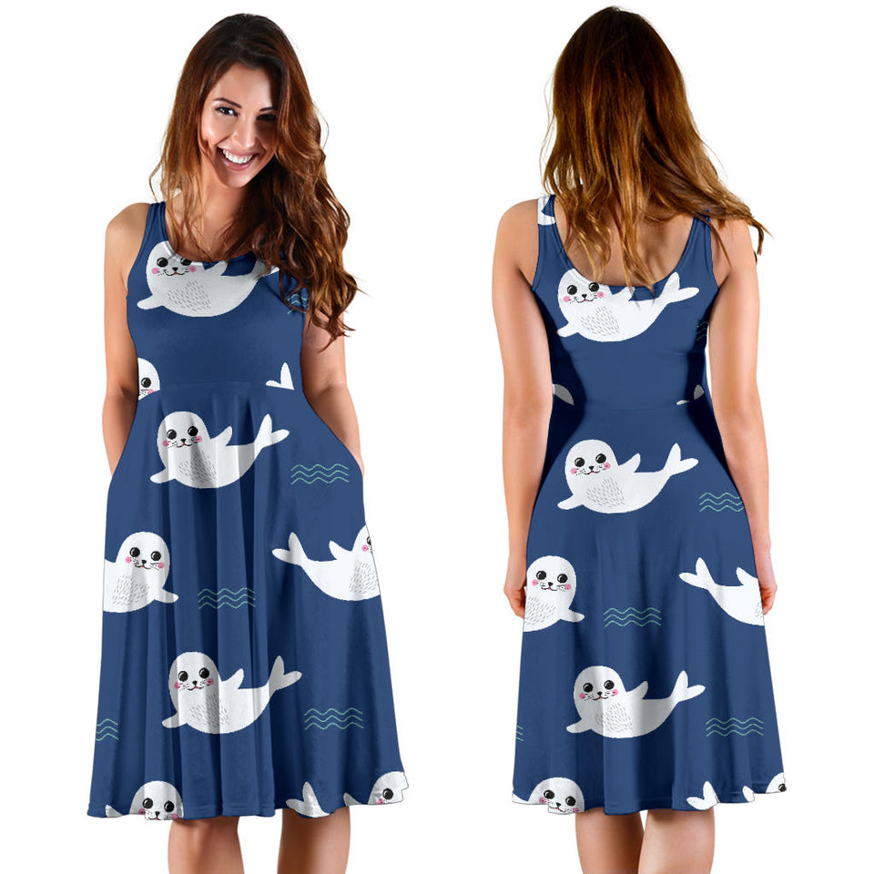 Cute White Baby Sea Lion Seal Pattern Sleeveless Midi Dress
