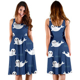 Cute White Baby Sea Lion Seal Pattern Sleeveless Midi Dress