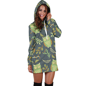 Cute Owls Leaves Pattern Women'S Hoodie Dress