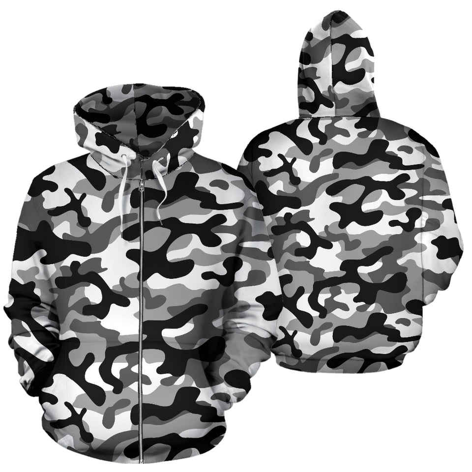 Black White Camouflage Pattern Zip Up Hoodie