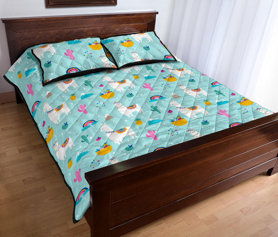 Llama alpaca cactus leaves pattern Quilt Bed Set