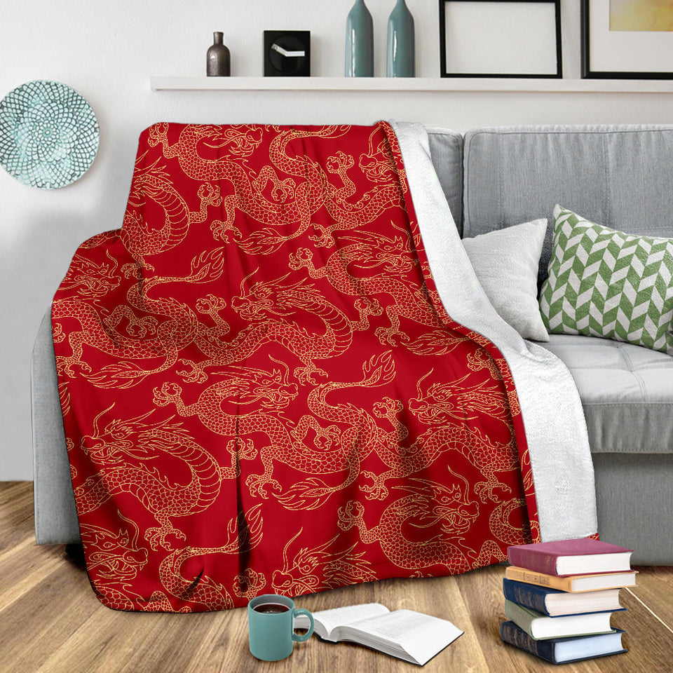 Gold Dragons Red Background Premium Blanket