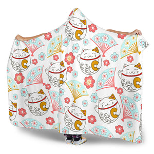 Maneki Neko Lucky Cat Fan Sakura Hooded Blanket