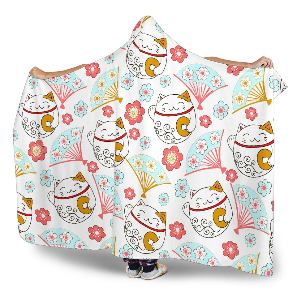 Maneki Neko Lucky Cat Fan Sakura Hooded Blanket