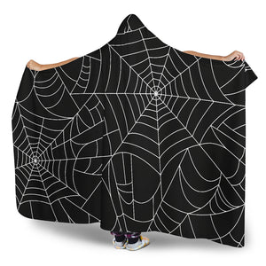 Spider Web Pattern Black Background White Cobweb Hooded Blanket