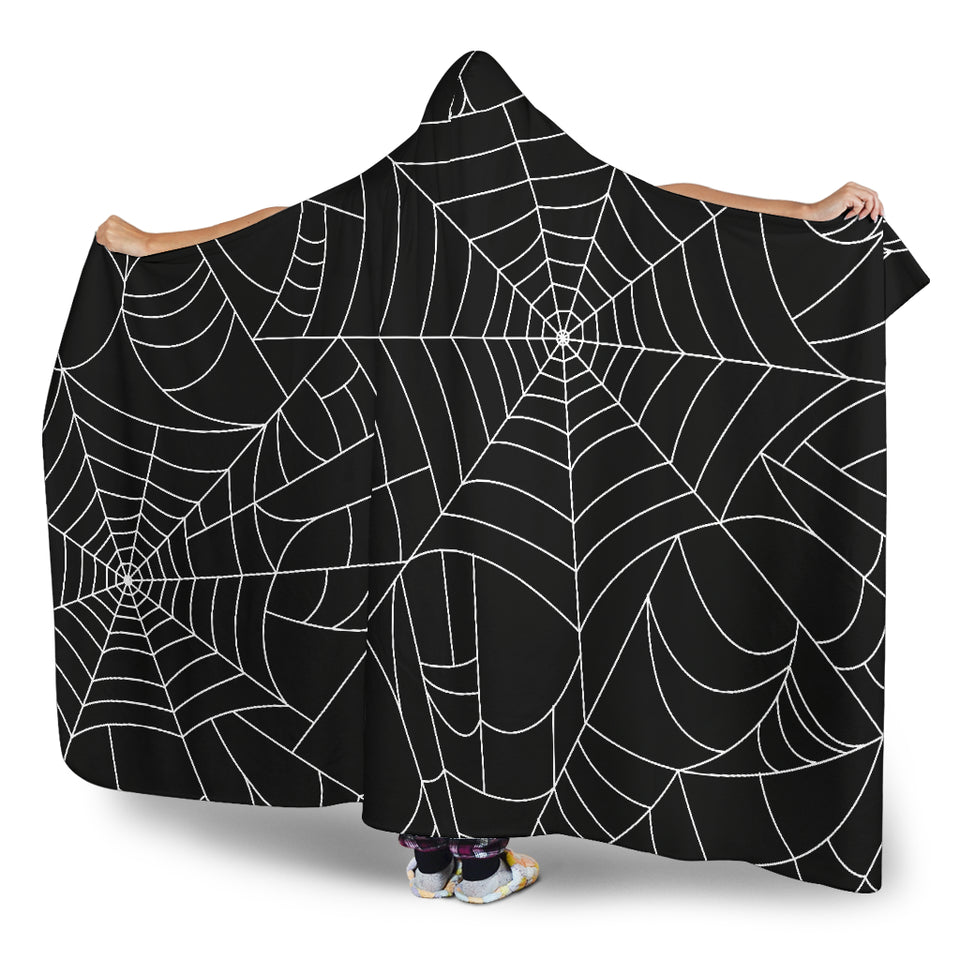 Spider Web Pattern Black Background White Cobweb Hooded Blanket