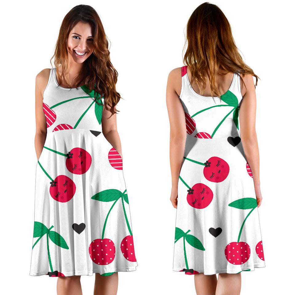 Cherry Pattern White Background Sleeveless Midi Dress