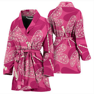 Beautiful Dragonfly Pink Background Women'S Bathrobe