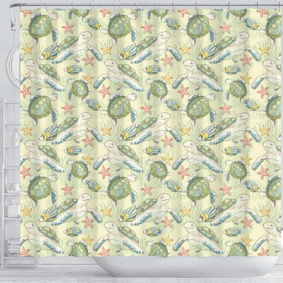 Hand Drawn Sea Turtle Fish Pattern Shower Curtain Fulfilled In US