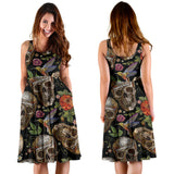 Skull Rose Humming Bird Flower Pattern Sleeveless Midi Dress