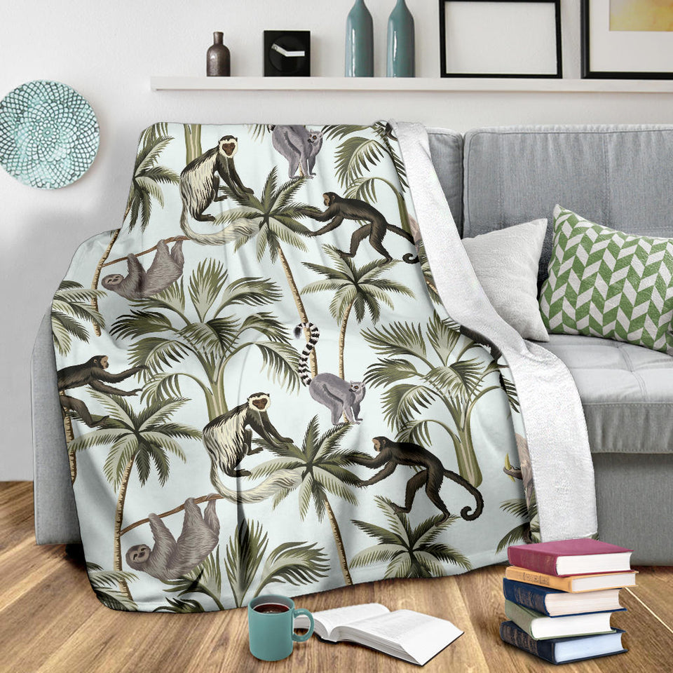 Monkey Sloth Lemur Palm Trees Pattern Premium Blanket