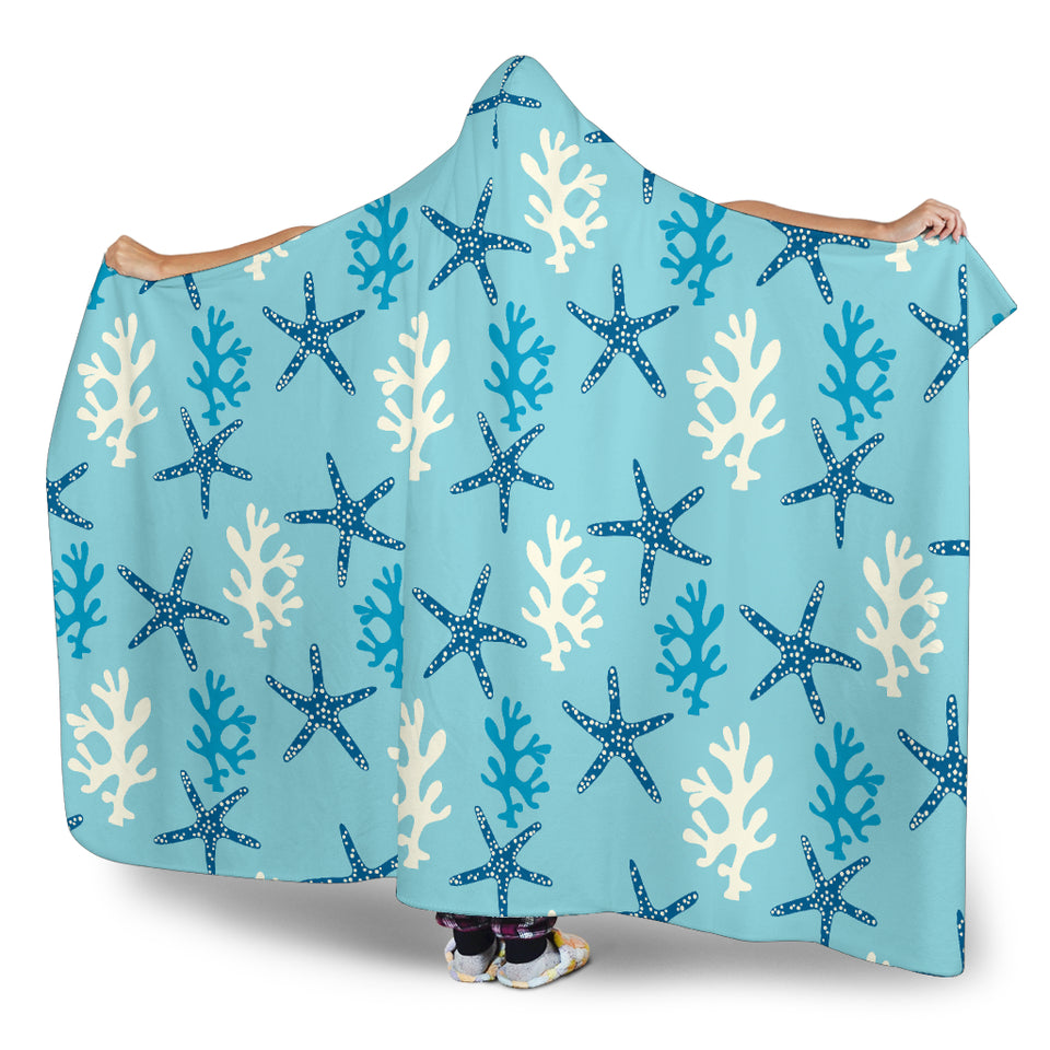 Blue Starfish Coral Reef Pattern Hooded Blanket