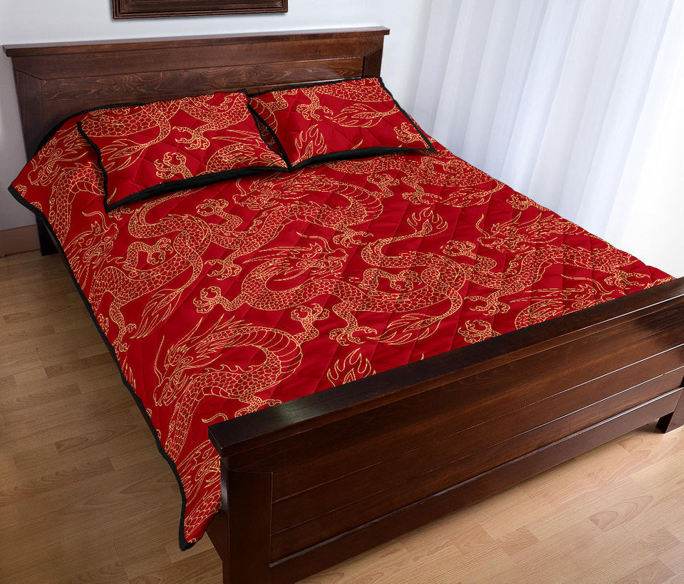 Gold dragons red background Quilt Bed Set