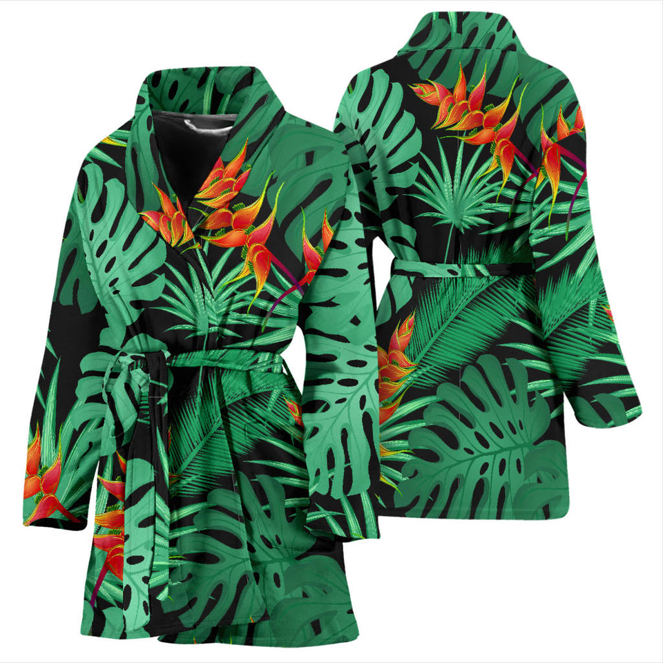 Heliconia Flower Palm Monstera Leaves Black Background Women'S Bathrobe