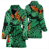 Heliconia Flower Palm Monstera Leaves Black Background Women'S Bathrobe