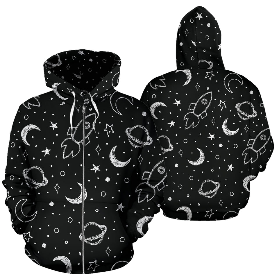 Hand Drawn Space Rocket Star Planet Zip Up Hoodie