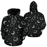 Hand Drawn Space Rocket Star Planet Zip Up Hoodie