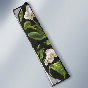White Orchid Flower Tropical Leaves Pattern Blackground Car Sun Shade