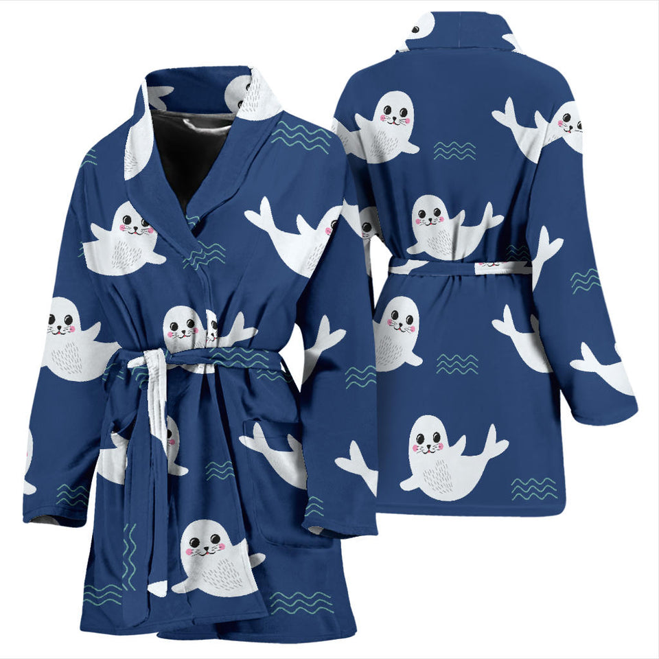 Cute White Baby Sea Lion Seal Pattern Women'S Bathrobe