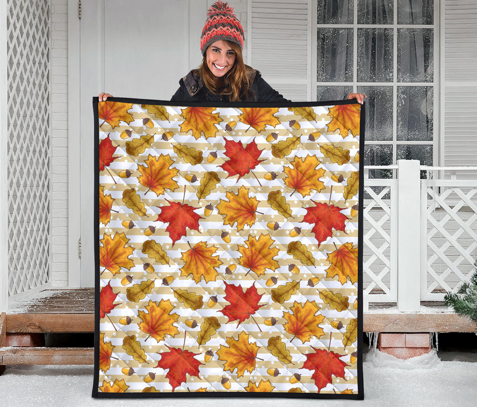 Maple Leaf Oak Leaf Acorns Beige Striped Background Premium Quilt