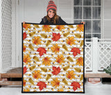 Maple Leaf Oak Leaf Acorns Beige Striped Background Premium Quilt