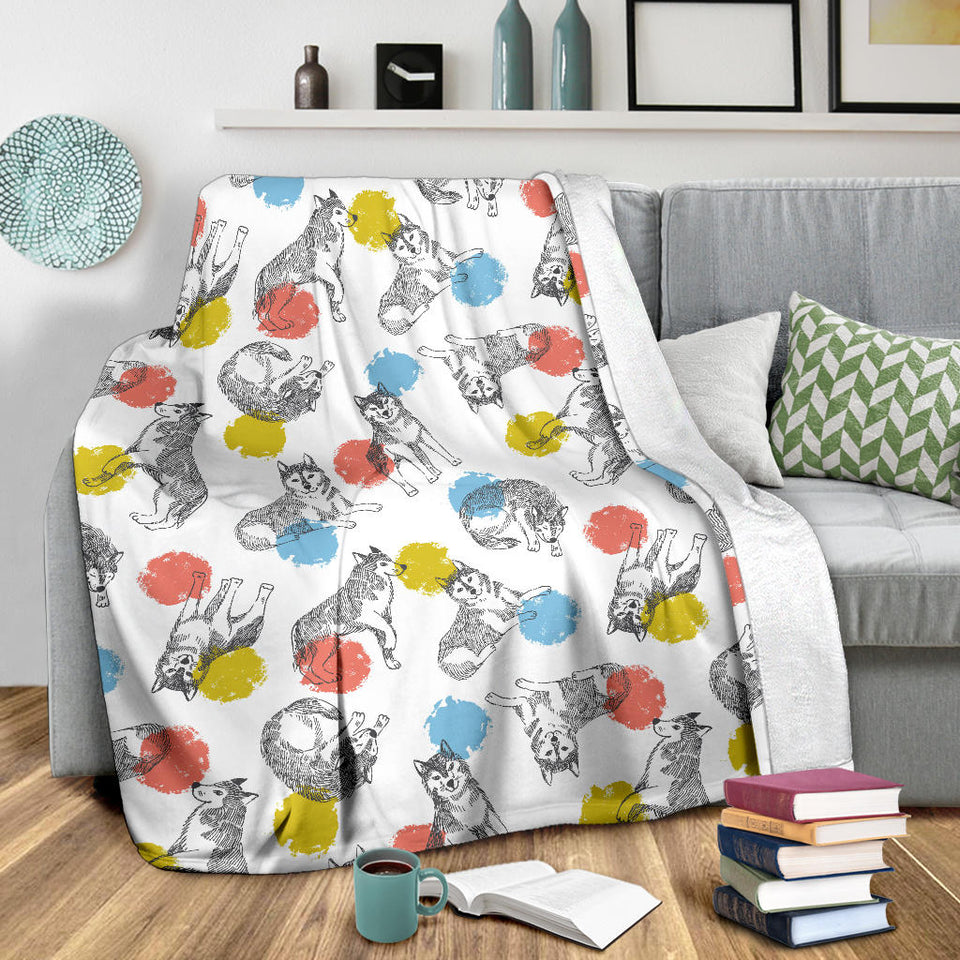 Siberian Husky And Colorful Circle Pattern Premium Blanket