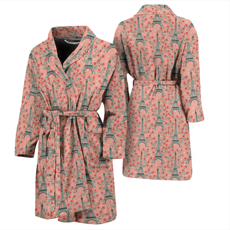 Eiffel Tower Flower Background Pattern Print Design 03 Men's Bathrobe