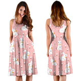 Cute White Rabbit Flower Pink Background Sleeveless Midi Dress