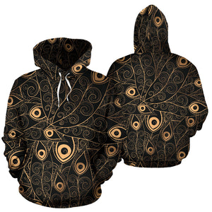 Gold Peacock Feather Pattern Men Women Pullover Hoodie