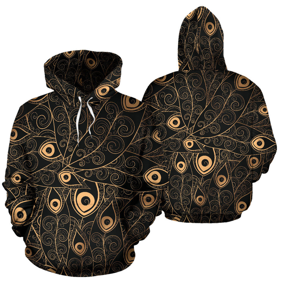 Gold Peacock Feather Pattern Men Women Pullover Hoodie
