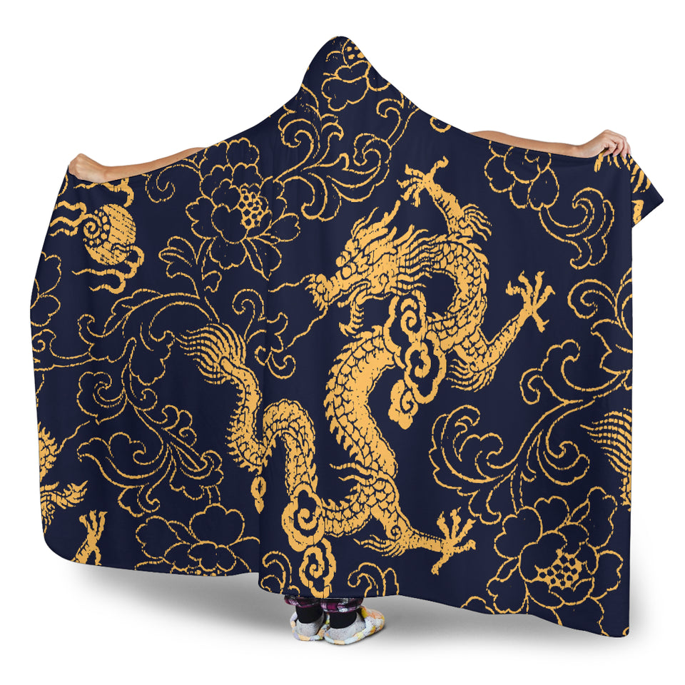 Gold Dragon Pattern Hooded Blanket