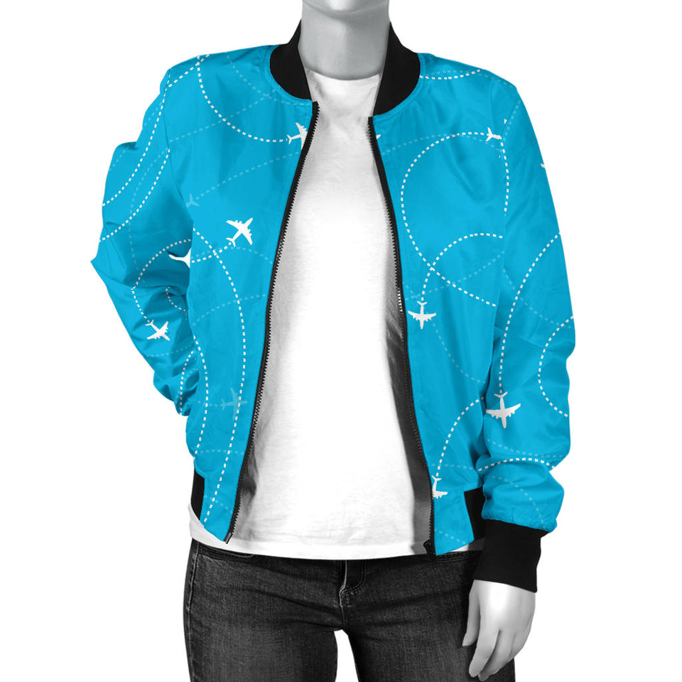 Airplane Destinations Blue Background Women'S Bomber Jacket